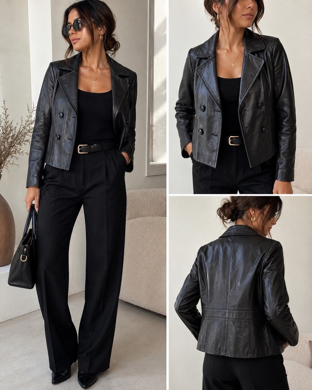 Halogen Black Genuine Leather Double Breasted Blazer Jacket Petite S NWT